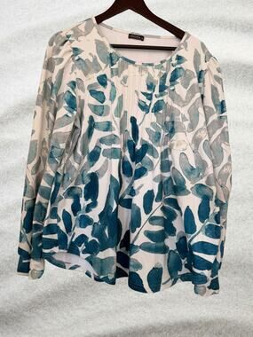 Ofeefan Watercolor Leaf Print Pintuck Long Sleeve Top XL Teal Gray